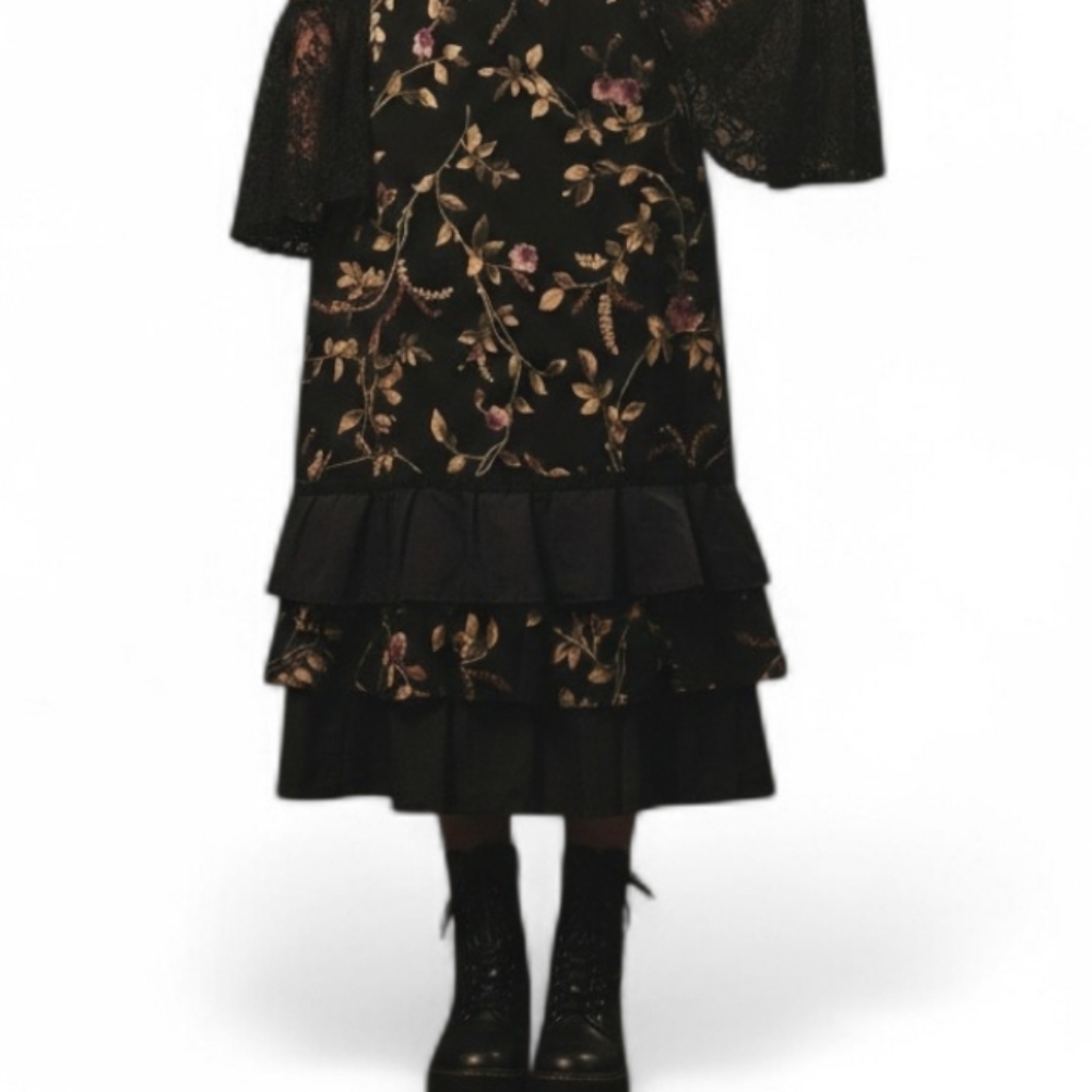 AB Studio Vintage Floral Midi Skirt | Tiered Ruffle Hem Black & Purple